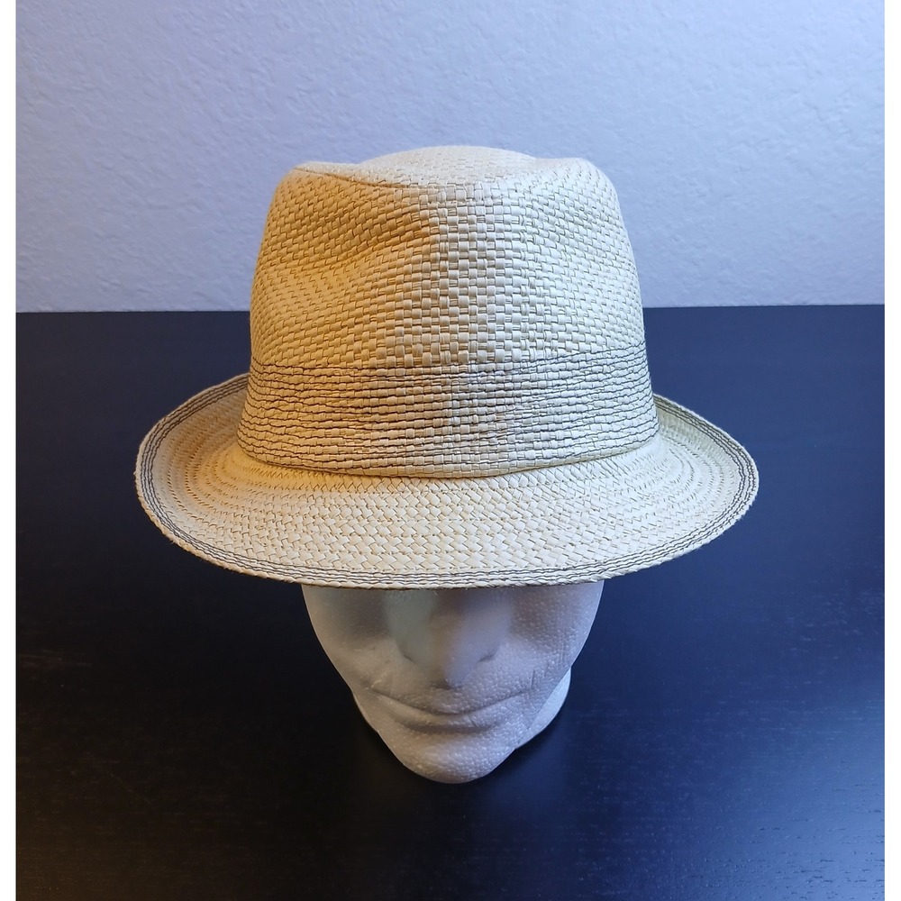 Mens Cream Woven Straw Fedora Trilby Summer Sun Hat Short Brim Tan Band